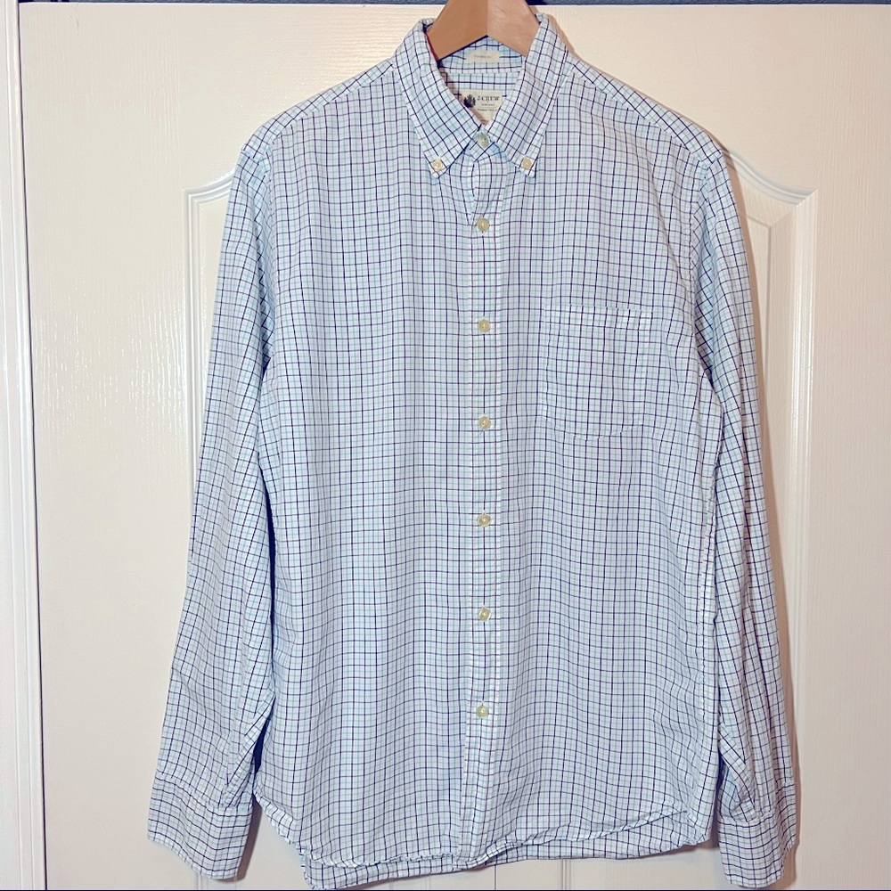 JCrew Blue and Purple Plaid Long Sleeve Button Up Shirt, Size Medium